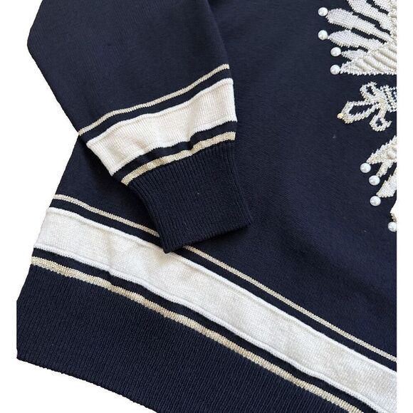 Vtntage St John Collection Marie Gray Knit Star Sweater Holiday Small Navy - Picture 3 of 6